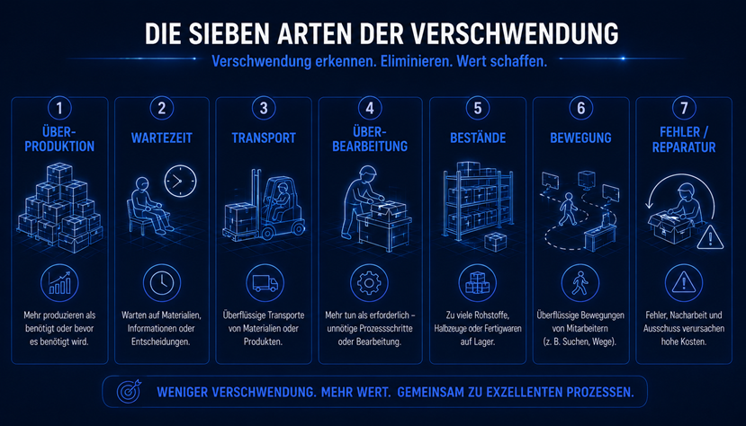 Lean Management Schulung. sieben Arten der Verschwendung